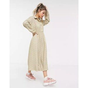 ASOS Womens long sleeve smock shirt dress 14 green ditsy Floral Maxi Cottagecore